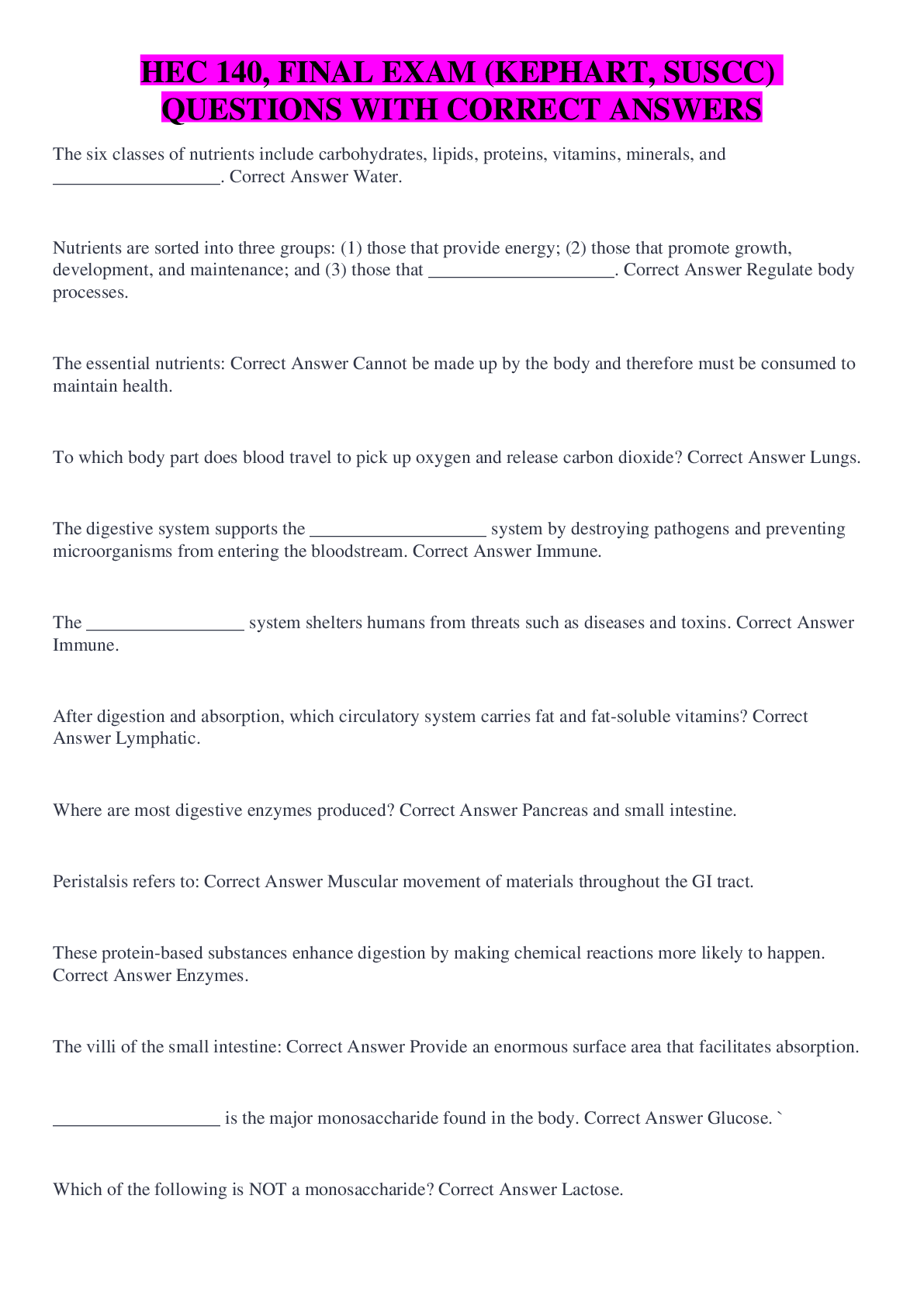 Preview image for HEC 140, FINAL EXAM (KEPHART, SUSCC) QUESTIONS WITH CORRECT ANSWERS